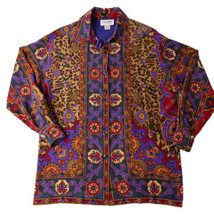 Vtg Emanuel Ungaro Womens 4 Silk Blouse Baroque Leopard Print Maximalist 90s Art